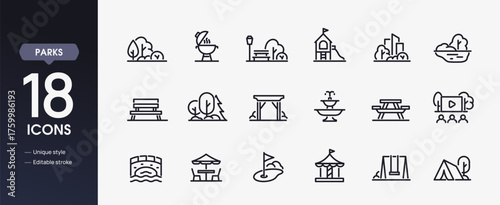 Parks and Green Space Line Icon set. Symbols with forest belt, trees, grill area, bench, playground, and tent for outdoor recreation. Outline vector illustration collection