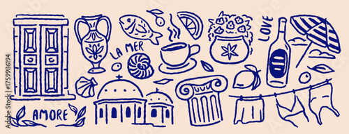 Italian or greek style vacation. Set of charcoal rough sketches featuring wine, seafood, and architecture. Grunge doodle elements. Hand drawn vector illustration collection