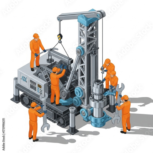 Industrial workers assembling drilling equipment flat vector illustration