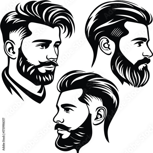 Three monochrome portraits depict stylish men with meticulously groomed beards and distinct hairstyles