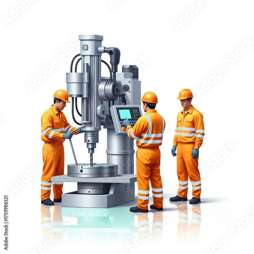Semi-realistic vector of workers assembling drilling machinery