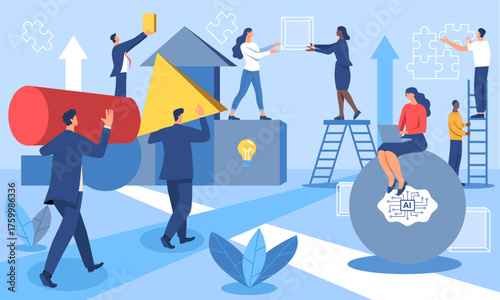 Team building. Banner with office employees and entrepreneurs working together and building strong working relationships. Collaboration and partnership. Flat vector illustration
