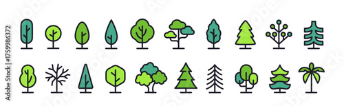 Tree line icon set. Symbols and signs with geometric forest trees, spruce, palm, oak and aspen with branches. Editable stroke. Outline Flat vector illustration collection