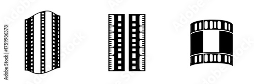 Different styles of film strip representations illustrating vintage cinema technology during a creative design session