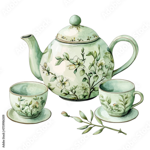 Elegant Watercolor Teapot and Teacups Set: Vintage Floral Clipart
