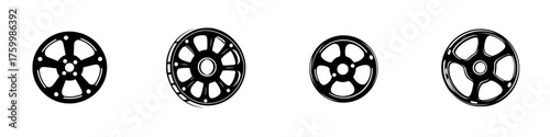 Variety of car wheels displayed in a minimalistic design with different shapes and styles for automotive enthusiasts