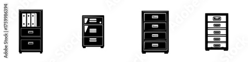 Various styles of black office cabinets showcasing unique designs for organization in workspace environments