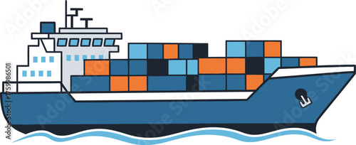 Large cargo ship transporting colorful shipping containers across choppy blue ocean waters in a side view flat design vector illustration white background