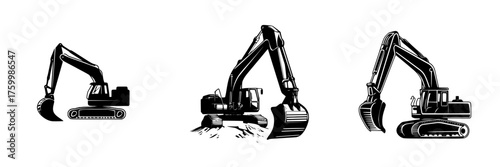 Excavators at work on a construction site during daytime, showcasing different positions and actions of heavy machinery