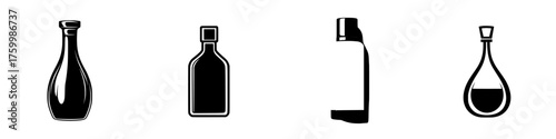 Various black silhouette bottles representing different liquids displayed in a row on a simple background