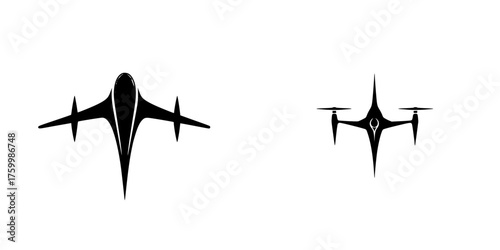 Modern aircraft and drone silhouettes showcasing advanced aviation designs and technology against a plain background