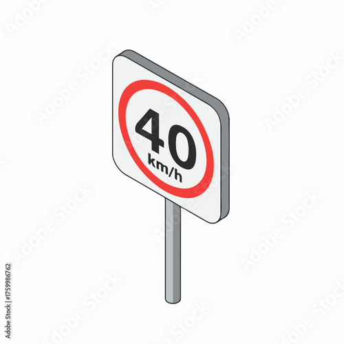 Isometric Illustration of Speed Limit Road Sign with 40 km/h Restriction