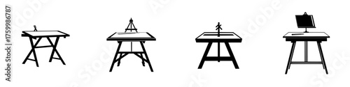 Various styles of drawing tables displayed in a minimalist design setting for artists' workspace inspiration
