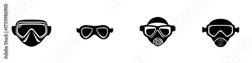 Four distinct types of protective eyewear and masks displayed in a minimalist style