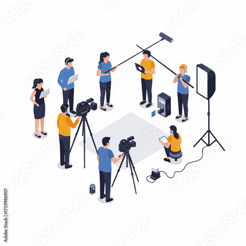 Isometric Diverse Crew Filming Session Scene in Studio Production