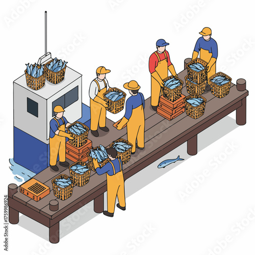 Isometric Illustration Fisherman Loading Fresh Catch Fish at Harbor Dock