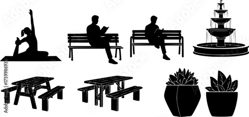 Urban Park & Public Green Space Black Silhouette Vector Set: Leisure People, Water Fountain, Picnic Table, and Urban Planters for City Lifestyle.
