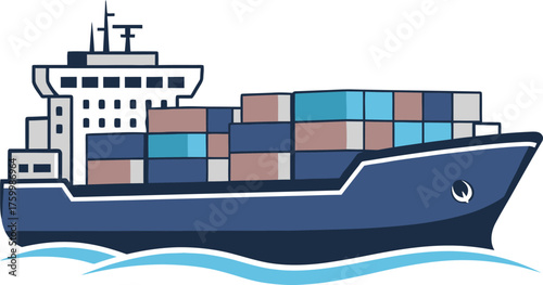 Large cargo ship with containers navigating ocean waves symbolizing global trade and logistics flat design vector illustration white background