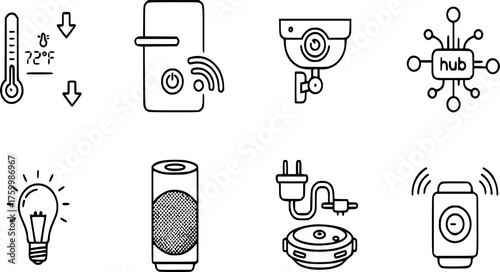 Smart Home & IoT Device Black Silhouette Line Icon Set: Smart Thermostat, Security Camera, WiFi Lock, and Smart Speaker Line Art Vectors.