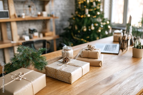 Christmas decorated office with gifts and tree in the background during day