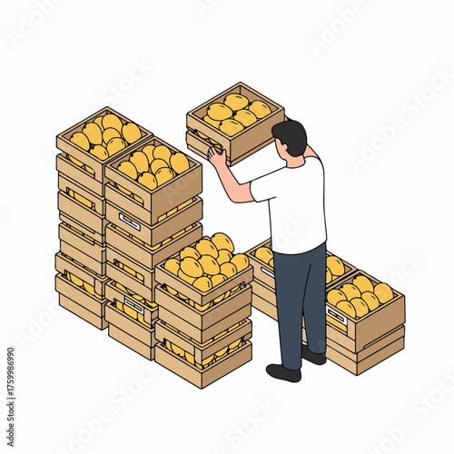 Isometric Man Stacking Crate of Lemons Food Distribution Illustration