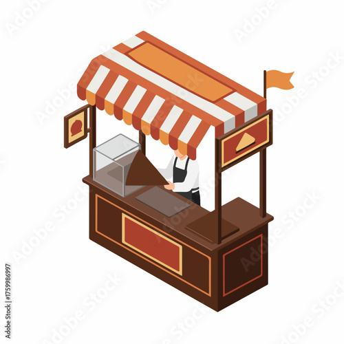 Isometric Detailed Food Stall Shop Cart with Stripes Awning Illustration