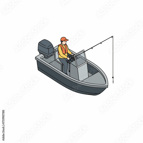 Isometric Simple Fisherman Fishing On Motorboat Illustration Isolated on White