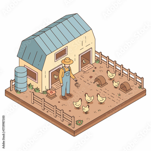 Isometric Handdrawn Farmer Feeding Chicken Coop Animal Farm Illustration