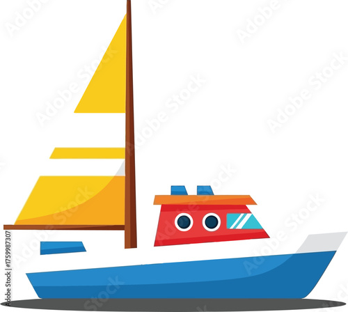 Charming cartoon sailboat with blue hull and orange cabin for maritime adventures flat design vector illustration white background