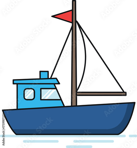 Charming cartoon fishing boat with red flag sailing on clear water simple nautical design flat design vector illustration white background