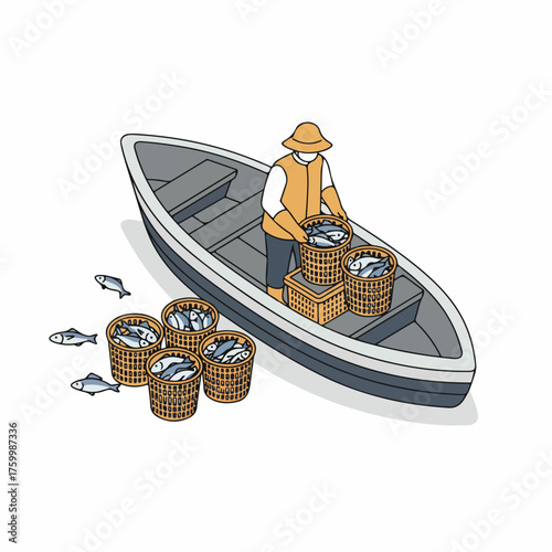 Simple Handdrawn Fisherman on Boat Harvesting Fish with Basket Illustration