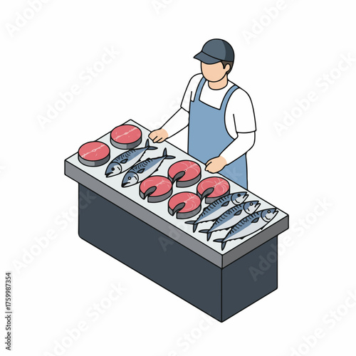 Isometric Handdrawn Fishmonger At The Stall Illustration With Various Fresh Fish