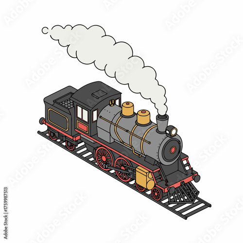 Isometric Detailed Steam Train Locomotive Transportation Vehicle Railroad Illustration