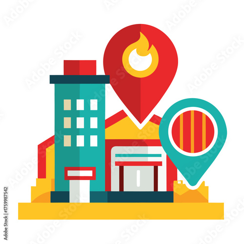 Fire Station Location Map Vector Icon with Fire Truck and Pin on White Background – Colorful Flat Icon, Emergency Services, Fire Department, Apps, Websites, and UI Design