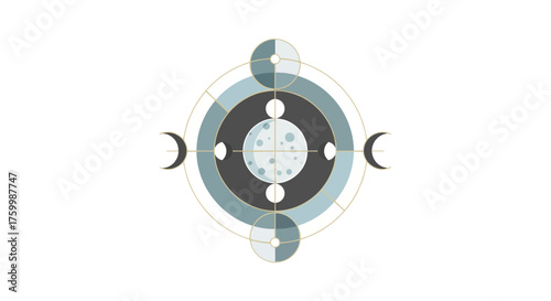 Celestial Design Featuring Moon Phases and Geometric Celestial Elements Against Black