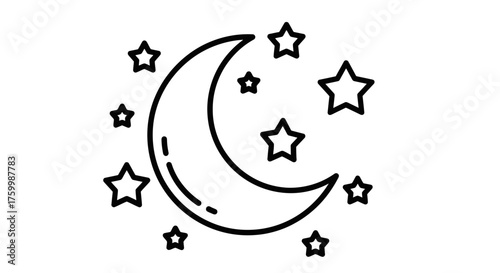 Celestial Display Of Crescent Moon And Starry Night Sky Illuminated In Monochrome Style