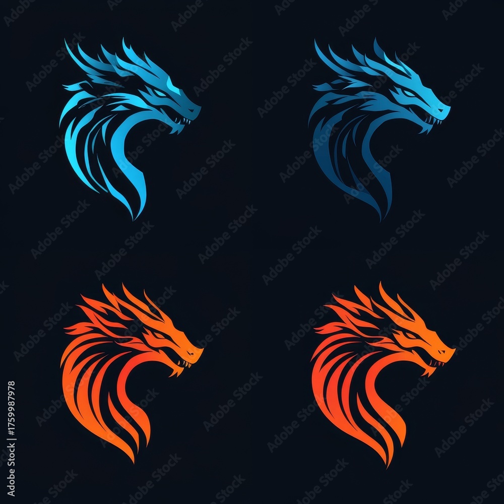 Fototapeta premium A colorful dragon set is depicted in the logo illustration with a gradient dragon emblem on a dark background