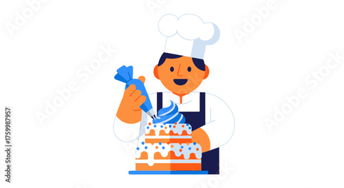Cheerful Baker Adorning a Cake with Icing, Artistic Illustration on Black Backdrop