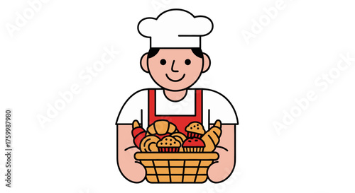 Cheerful Baker Displaying Delicious Basket Of Baked Goods For Culinary Delight