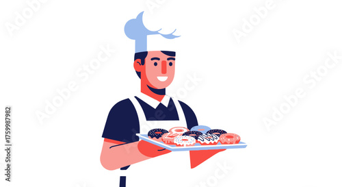 Cheerful Baker Displaying Delicious Donuts, Ready To Bring Joy To Everyone