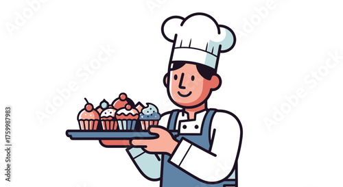 Cheerful Baker Displaying Delicious Cupcakes, Ready To Be Served And Enjoyed Always