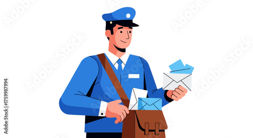Charming Postman Delivering Mail with a Smile and a Well-Organized Mailbag Illustration