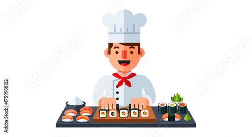 Cheerful Chef Crafting Fresh Sushi Creations On A Dark And Elegant Background