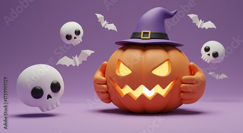 Spooky Halloween Pumpkin with Witch Hat and Flying Skulls.