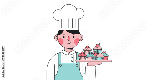 Cheerful Chef Presenting Decorated Cupcakes on Black Backdrop for Bakeries and Cafes