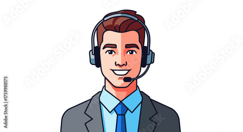 Cheerful Customer Service Representative With Headset Smiling Against Black Background