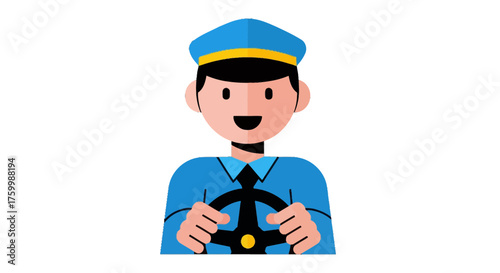 Cheerful Driver in Uniform Holding Steering Wheel on Black Background Illustration