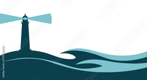 Coastal Beacon: Guiding Light Amidst Dark Waters at Night, Safe Passage Illustration