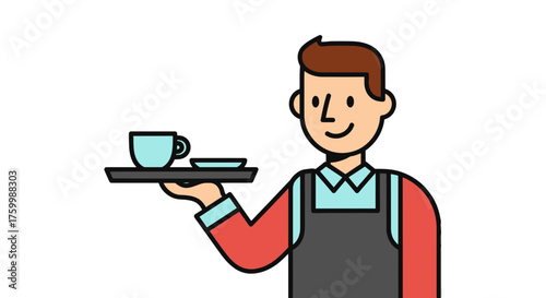 Cheerful Server Delivering Coffee Or Tea On A Tray Illustration, Simple And Modern Artwork
