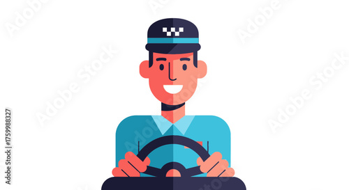 Cheerful Taxi Driver Holding Steering Wheel, Ready To Transport Passengers Smoothly and Safely